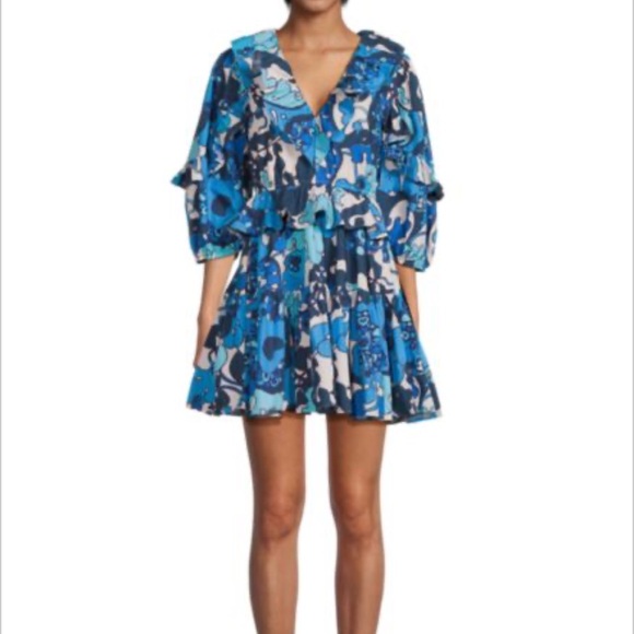 RHODE women’s XS Valerie paisley ruffle floral Blue Patterned mini Dress - Picture 1 of 6